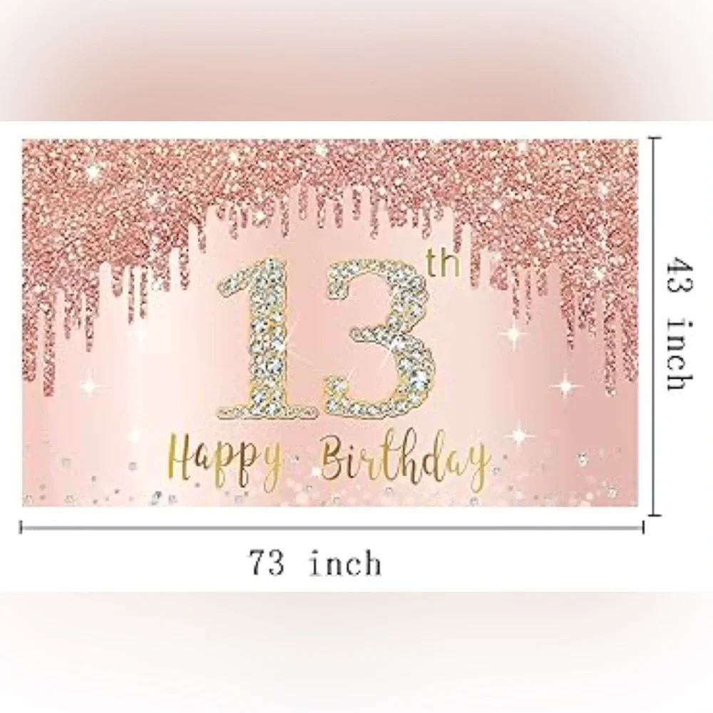 Happy 13th Birthday Banner, 43 x 73,Backdrop Decorations for Girls, Rose gold